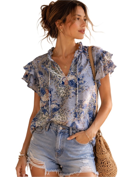 Joie Tops - Joie Ruffle Short Sleeve patterned blouse in blue, size small 🌸